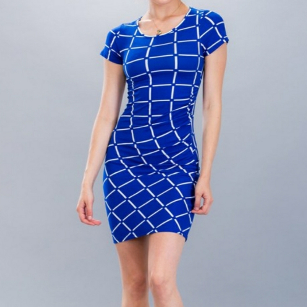 Grid Shirring Stretch Knit Short Sleeve Dress